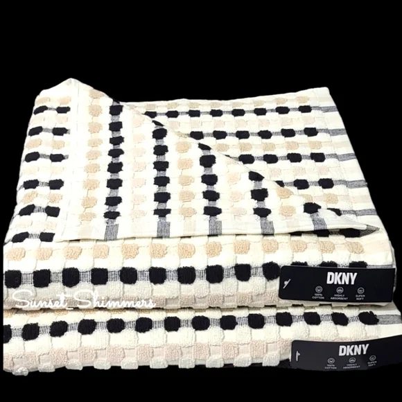 DKNY 8Pc 2 Bath 2 Hand 4 Washcloth TAN BLACK WHITE Gingham Check Towel Set NEW - Picture 6 of 10
